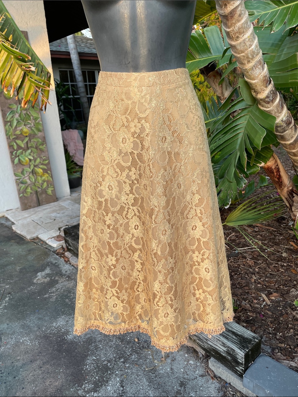 Gold lace skirt with fringe